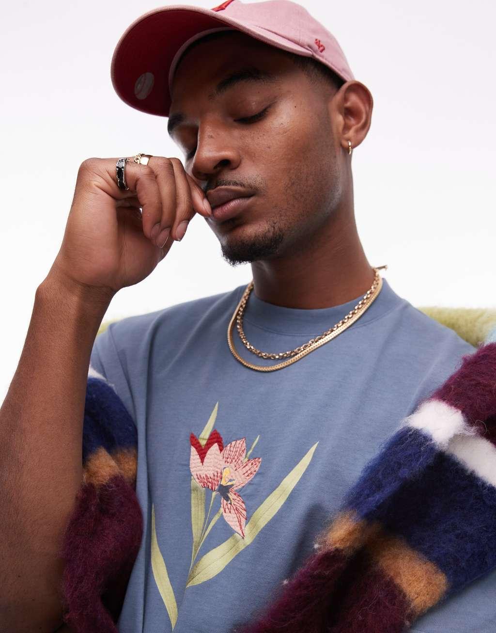 Topman premium oversized fit T-shirt with botanicals embroidery in blue Product Image