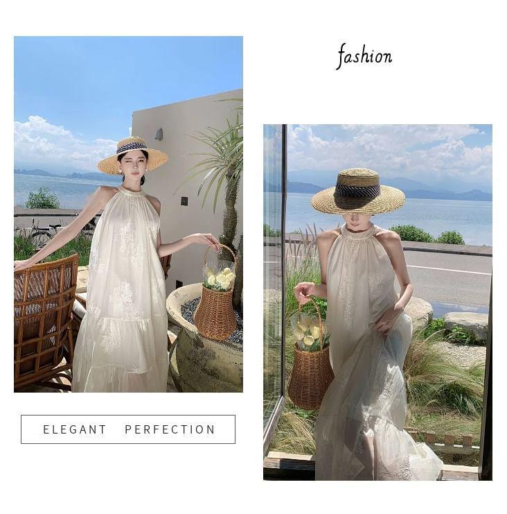 Halter Embroidered Tiered Midi A-Line Sundress Product Image