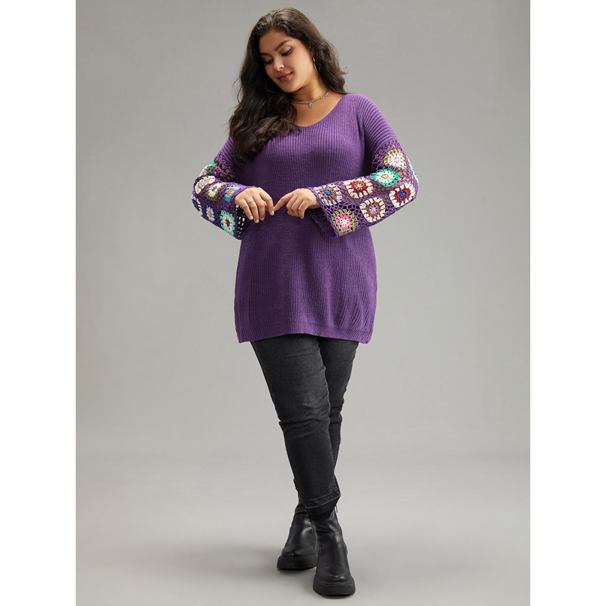 Plus Size Floral Embroidered Hollow Out Pullover Purple Women Casual Long Sleeve V-neck Everyday Pullovers BloomChic 12/L Product Image