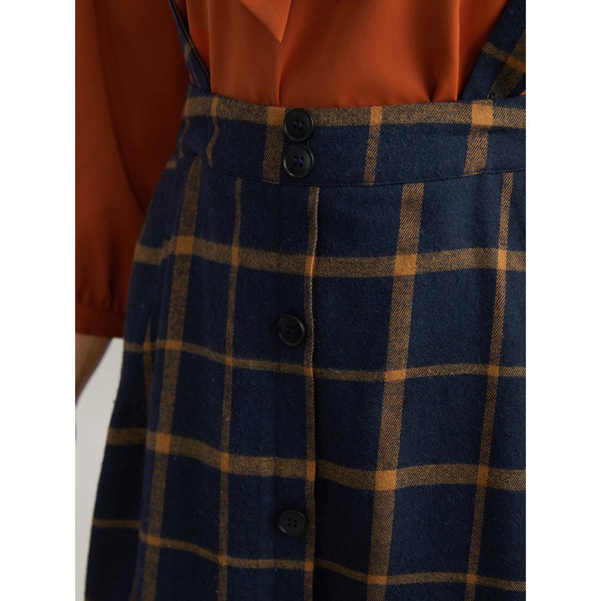 Plus Size Plaid Button Detail Pocket Suspender Skirt Women Indigo Casual Button No stretch Pocket Everyday Skirts BloomChic 10/M Product Image