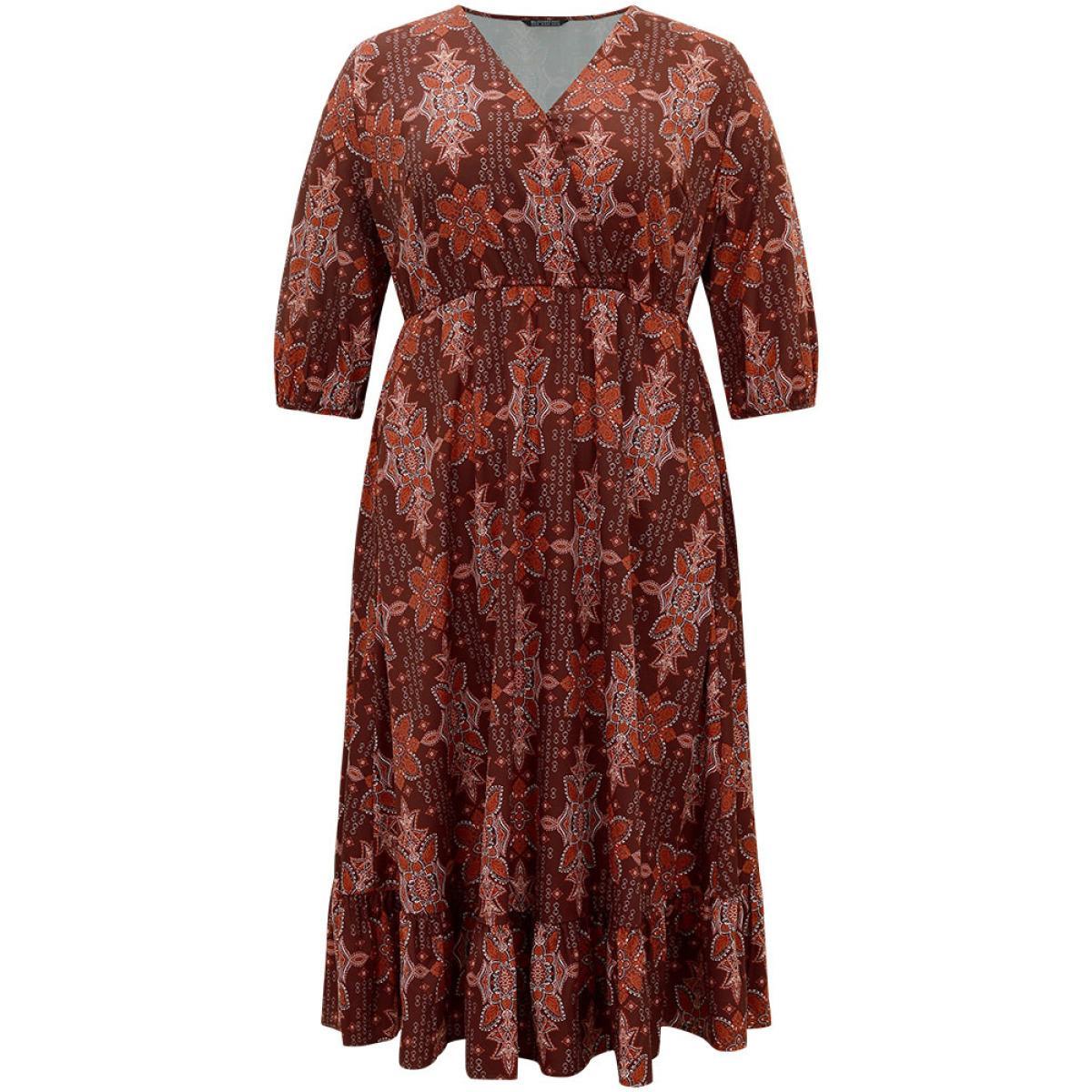 Plus Size Christmas Boho Print Wrap Ruffle Layered Hem Dress Raspberry Women Office Elastic cuffs Overlap Collar Elbow-length sleeve Curvy Midi Dress BloomChic 18-20/2X Product Image