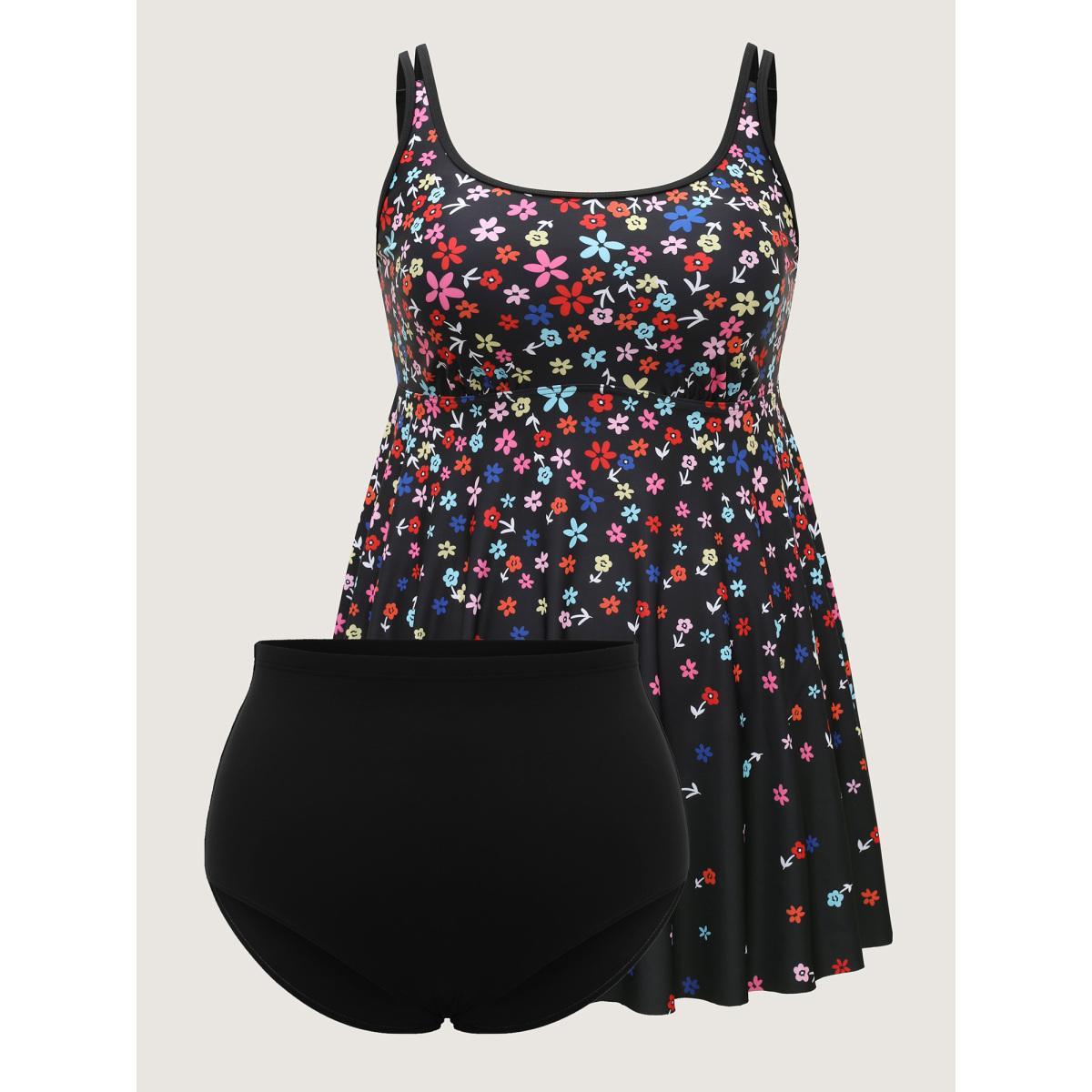 Plus Size Florals Everywhere Fit and Flare Swim Dress Women's Swimwear Black Beach Bodycon U-neck High stretch Curve Swim Dresses BloomChic 10/M Product Image