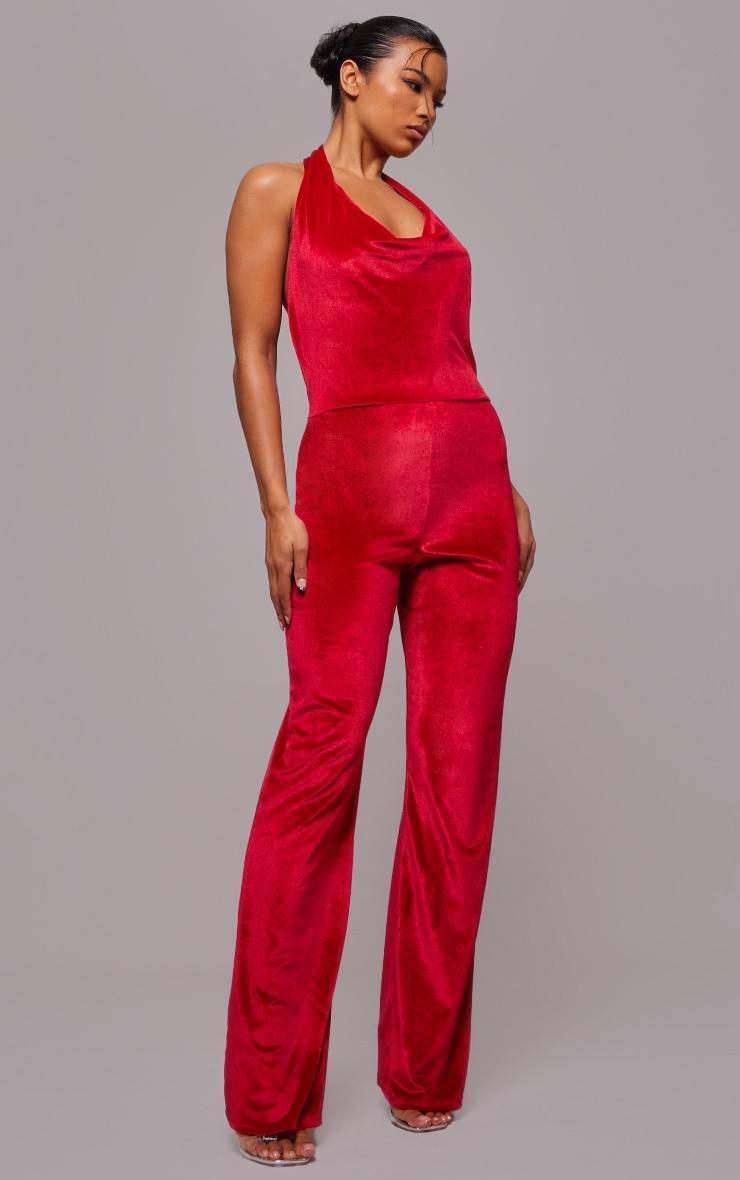 Red Velvet Cowl Neck Wide Leg Jumpsuit Product Image