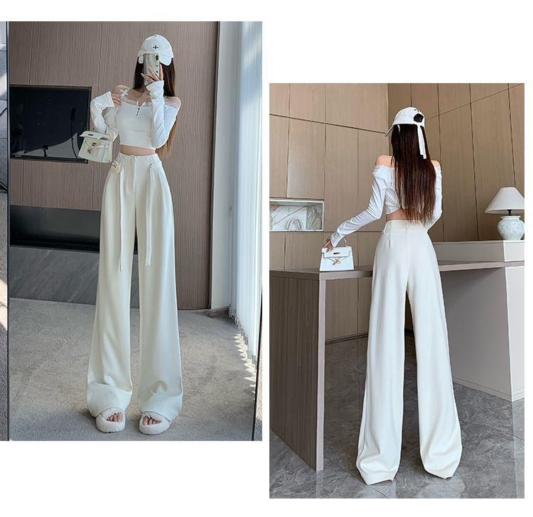 High Waist Plain Flower Accent Wide Leg Suit Pants Product Image