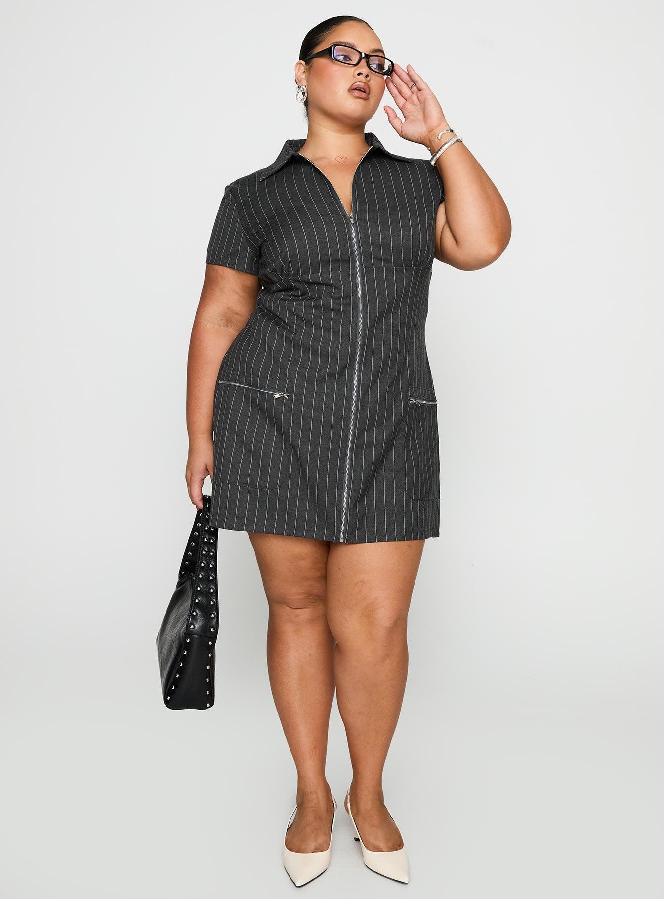 Wynona Mini Dress White / Grey Pinstripe Curve Product Image