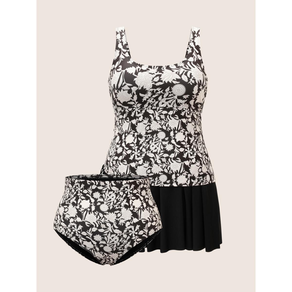 Plus Size Natural Flowers Tie Knot Drawstring Swim Dress Women's Swimwear Black Beach Bodycon U-neck High stretch Curve Swim Dresses BloomChic 18-20/2X Product Image