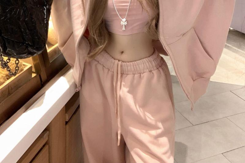 Mock-Neck Crop T-Shirt / Oversized Hooded Jacket / Drawcord Wide-Leg Sweatpants Product Image