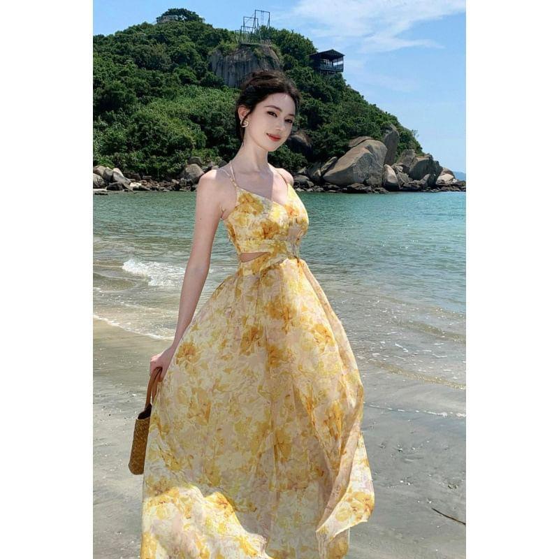 Spaghetti Strap V-Neck Floral Print Maxi A-Line Dress Product Image