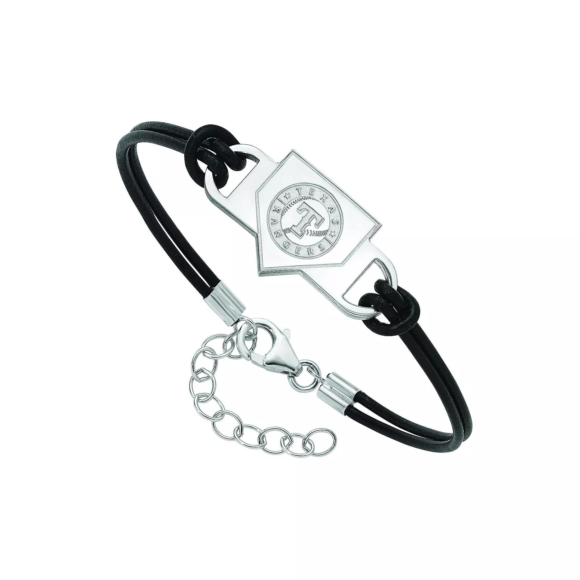 LogoArt Sterling Silver Texas Rangers Black Leather Bracelet, Women's, Size: 7" Product Image