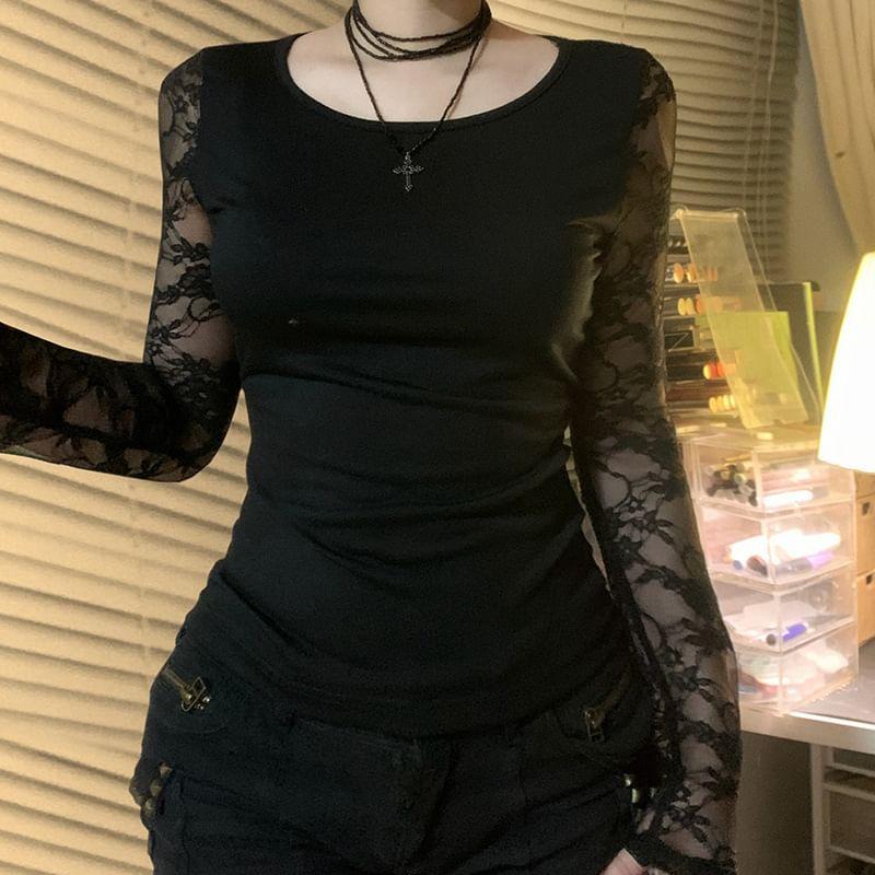 Long Sleeve Lace Panel See-Through Slim-Fit Top Product Image