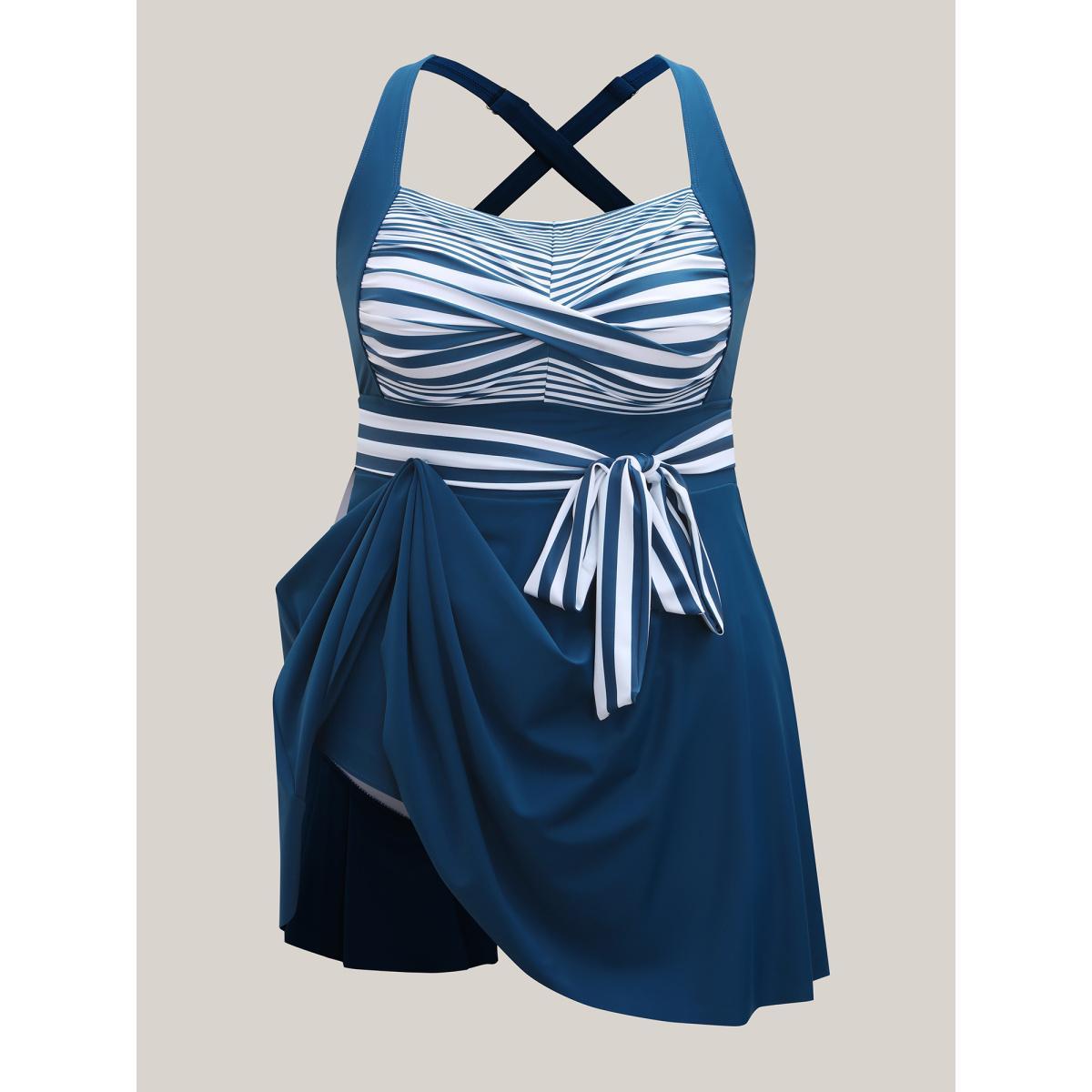 Plus Size Anti-Float Ties Twist Belted Swim Dress Women's Swimwear Aegean Beach Bodycon Heart neckline High stretch Curve Swim Dresses BloomChic 26/4X Product Image