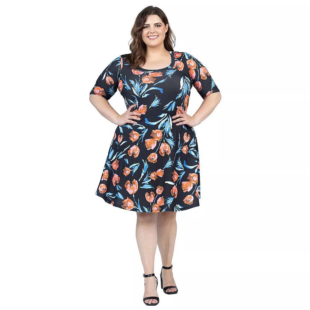 Plus Size 24Seven Comfort Apparel Geometric Print Knee Length Elbow Sleeve Dress, Women's, Size: 3XL, Pink Team Product Image