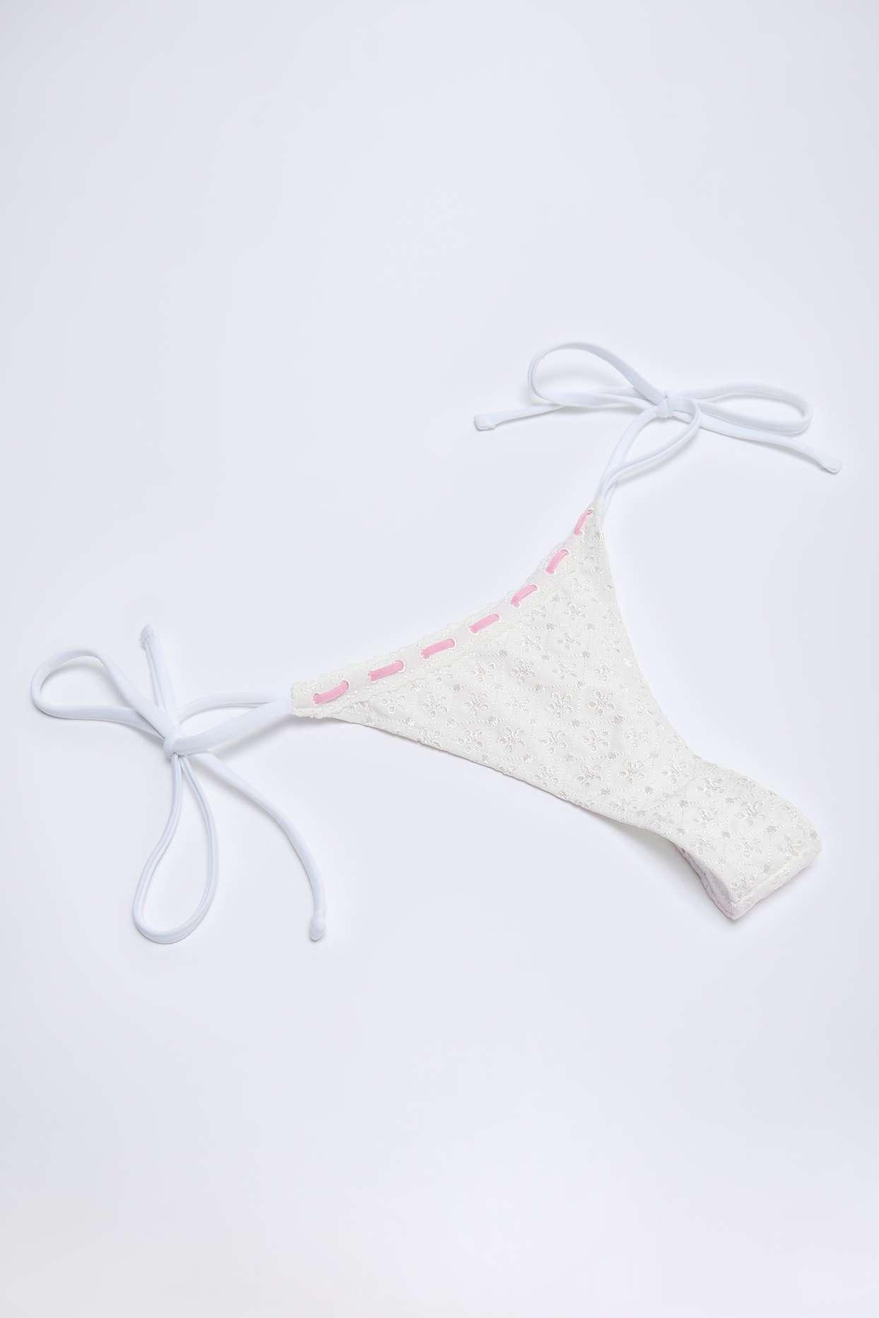 Broderie Anglaise Side-Tie Thong Bikini Bottoms in White Product Image