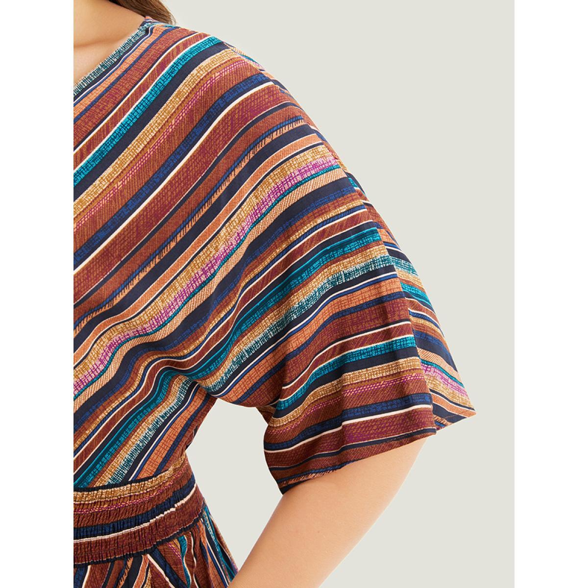 Plus Size DarkBrown Striped Contrast Shirred Wrap High Low Hem Pocket Blouse Women Vacation Short sleeve V-neck Vacation Blouses BloomChic 12/L Product Image
