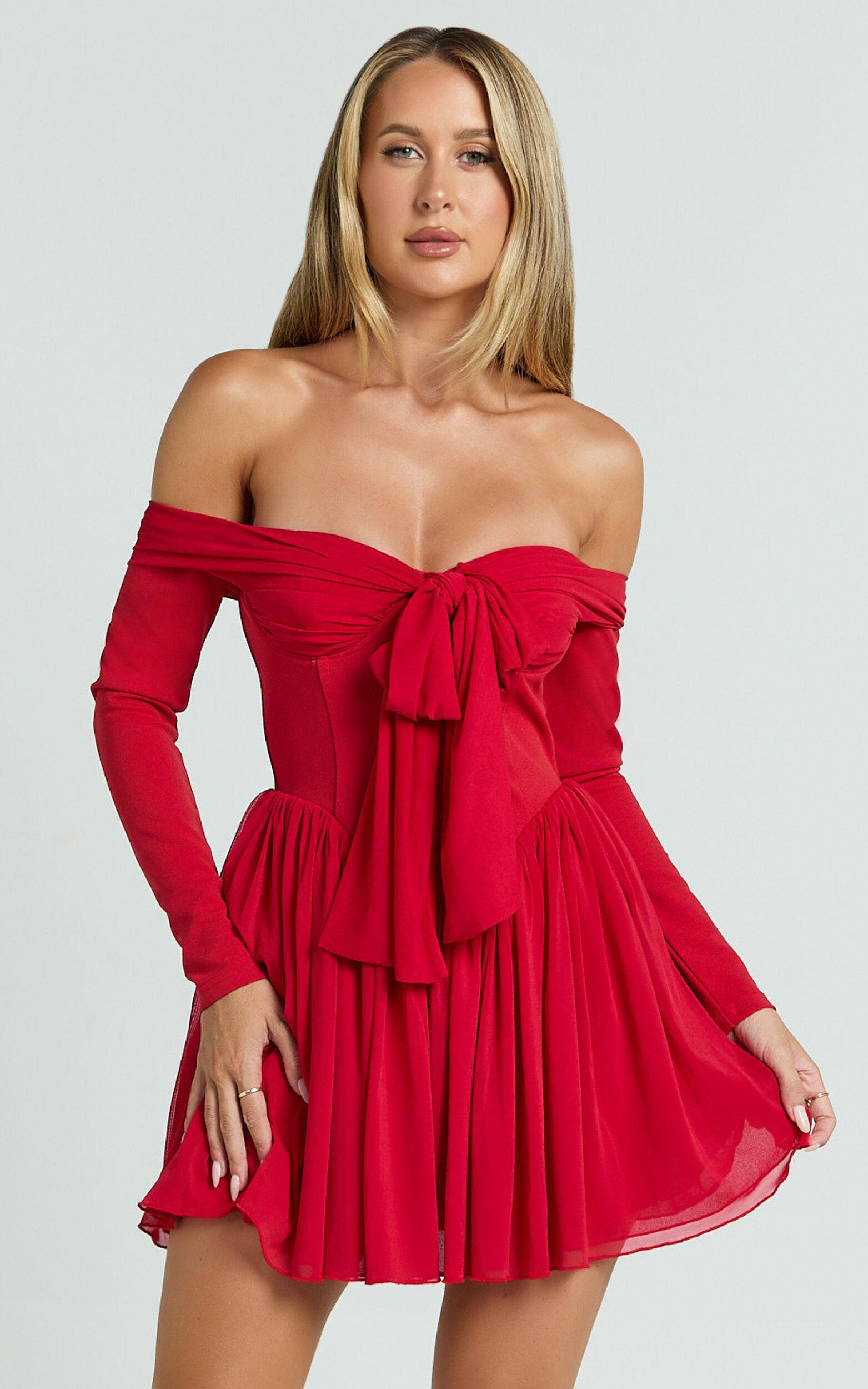 Bennett Mini Dress - Off Shoulder Long Sleeve V Waist Dress in Red Product Image