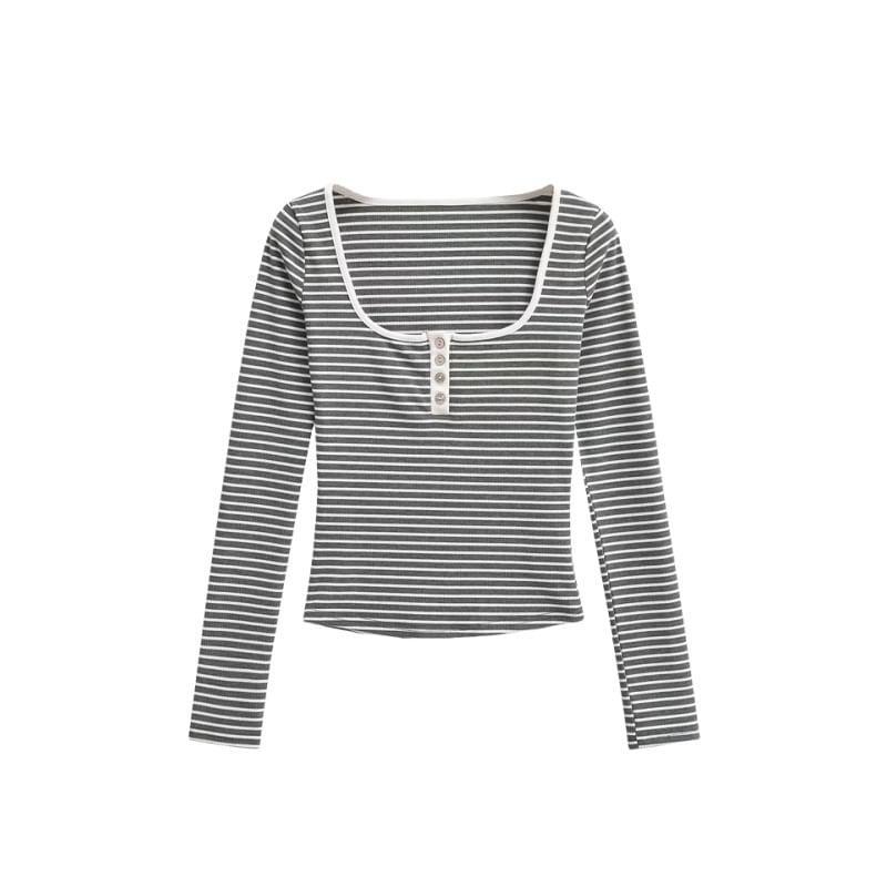 Long Sleeve Henley Striped T-Shirt Product Image