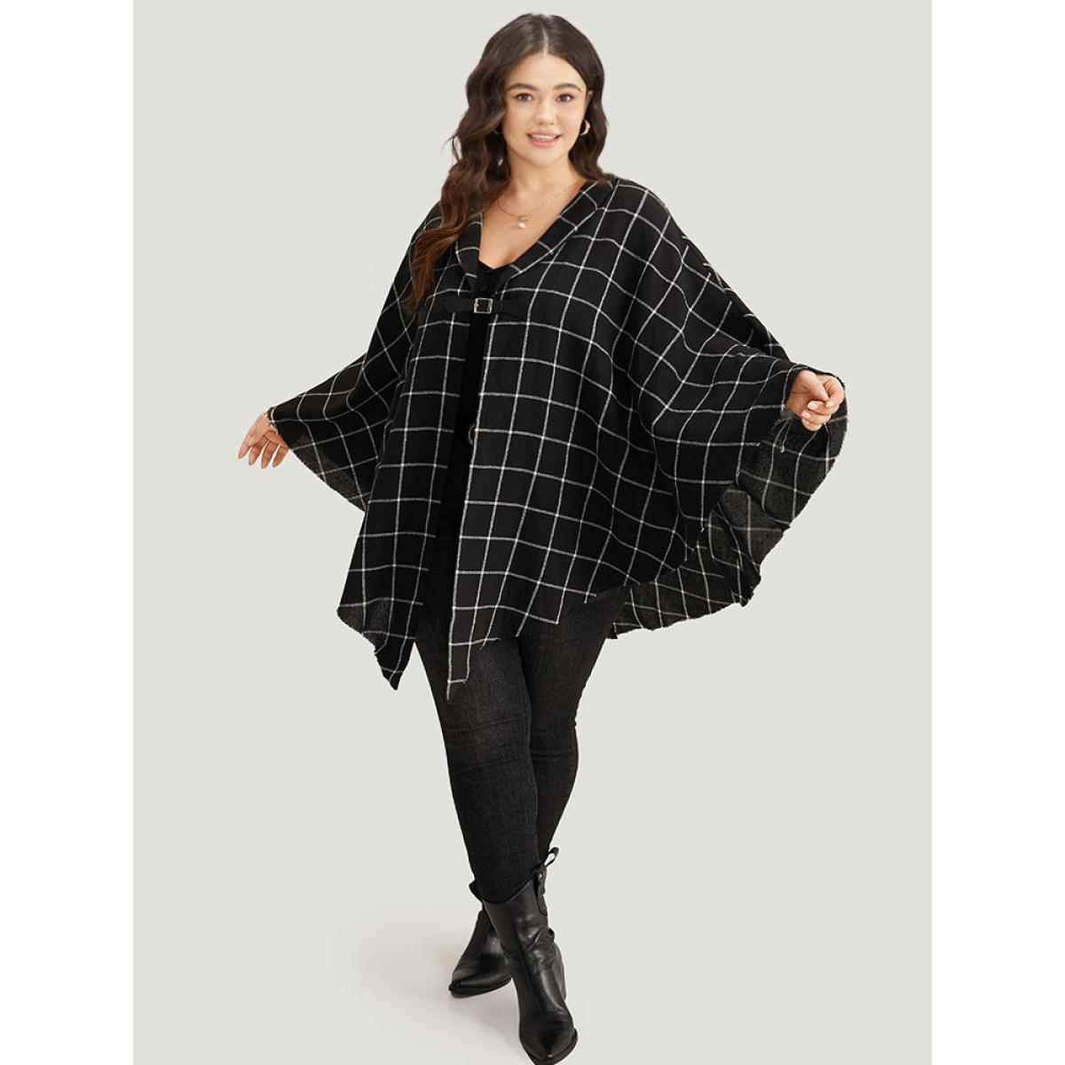 Plus Size Plaid Buckle Detail Cape Kimono Women Black Casual Contrast Loose Dailywear Kimonos BloomChic 26/4X Product Image
