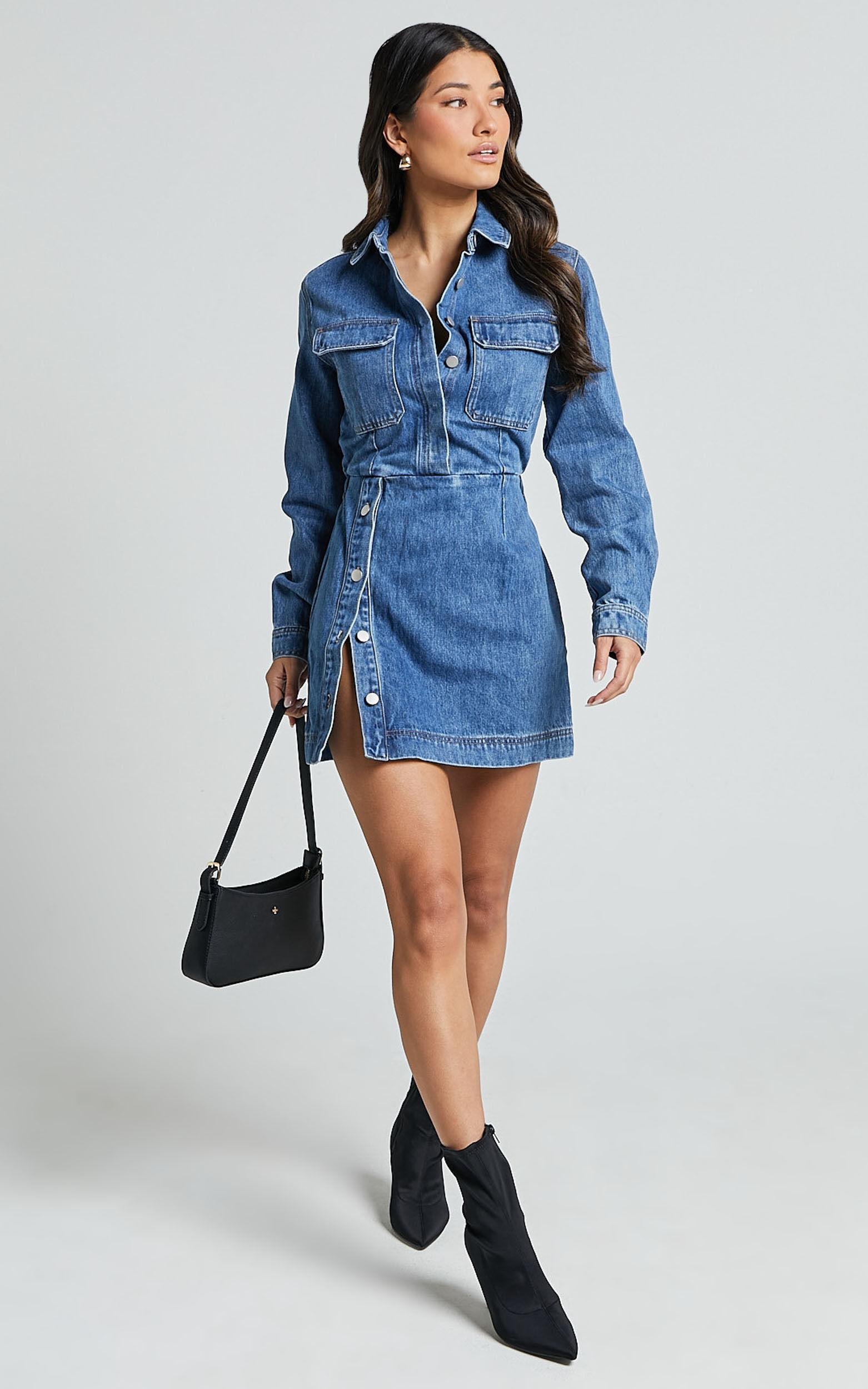 Ainsley Mini Dress - Button Through Long Sleeve Denim Dress in Mid Blue Wash Product Image