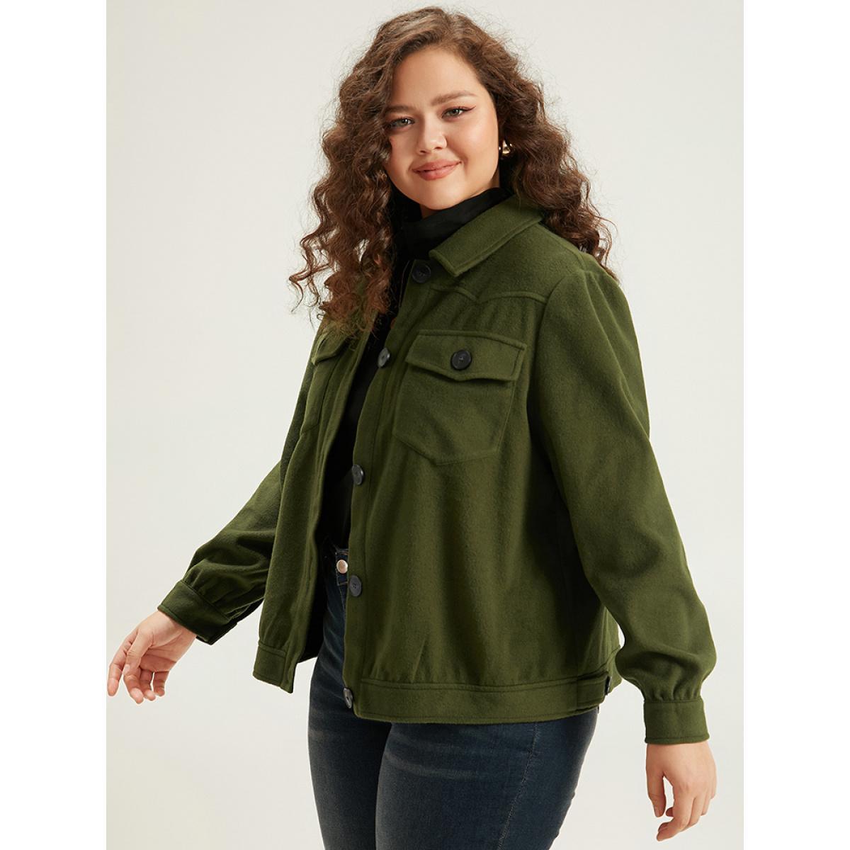 Plus Size Plain Pocket Button Up Shacket Women ArmyGreen Plain Pocket Everyday Jackets BloomChic 22-24/3X Product Image