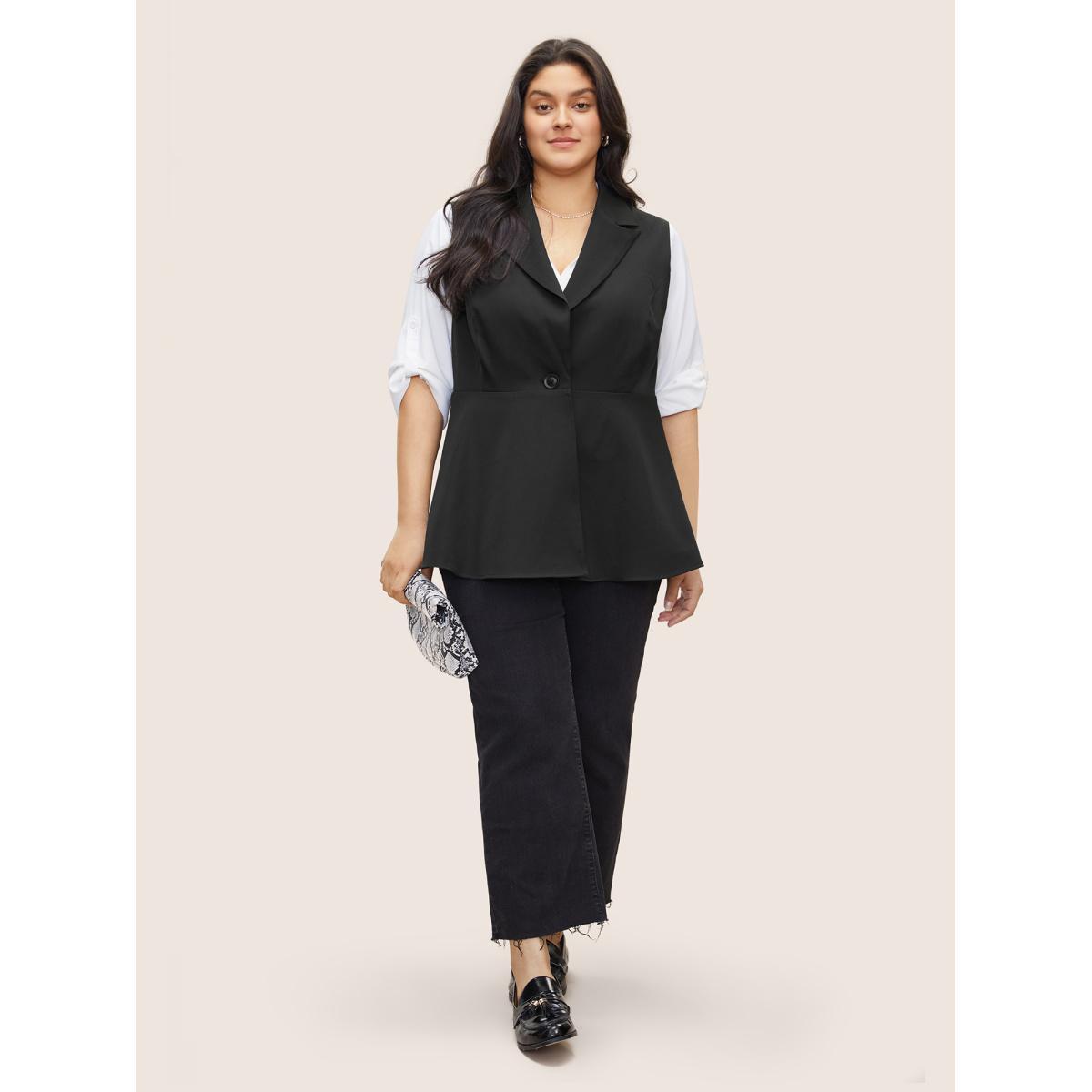 Plus Size Plain Flutter Hem Button Through Sleeveless Blazer Black Women Work Plain Non Sleeveless Sleeveless Suit Collar 14-16/1X Workwear Essentials Blazers BloomChic Product Image
