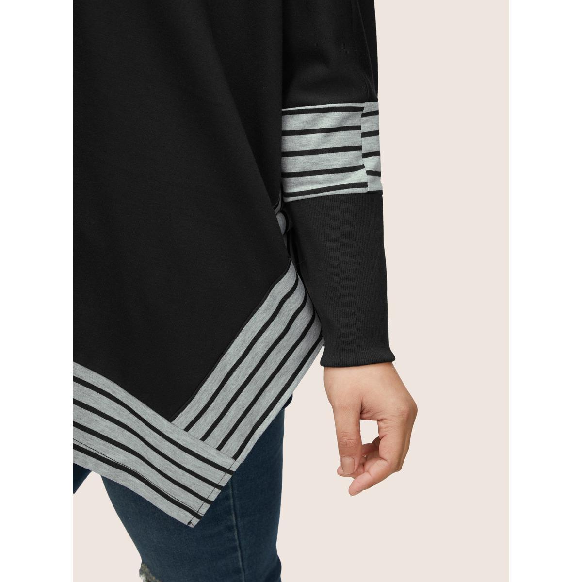 Plus Size Rib Knit Striped Curved Hem Sweatshirt Women Black Casual Contrast Round Neck Everyday Sweatshirts BloomChic 12/L Product Image
