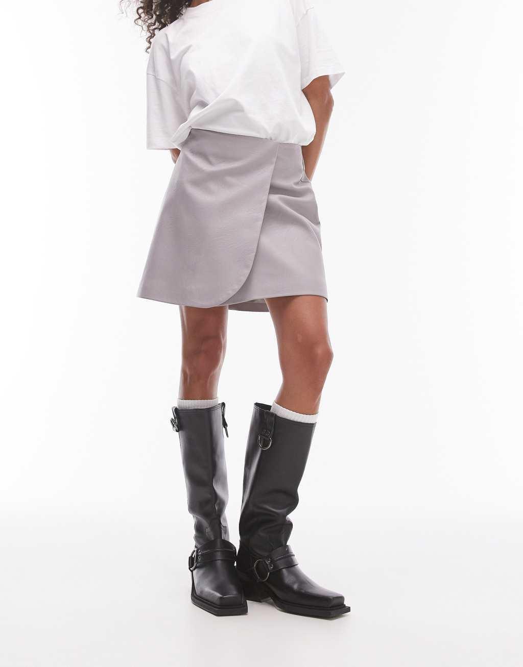 Topshop faux leather wrap mini skirt in dove gray Product Image