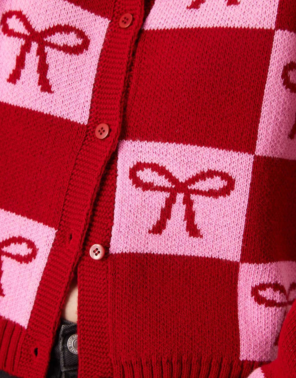Miss Selfridge bow detail cardigan in red and pink Product Image