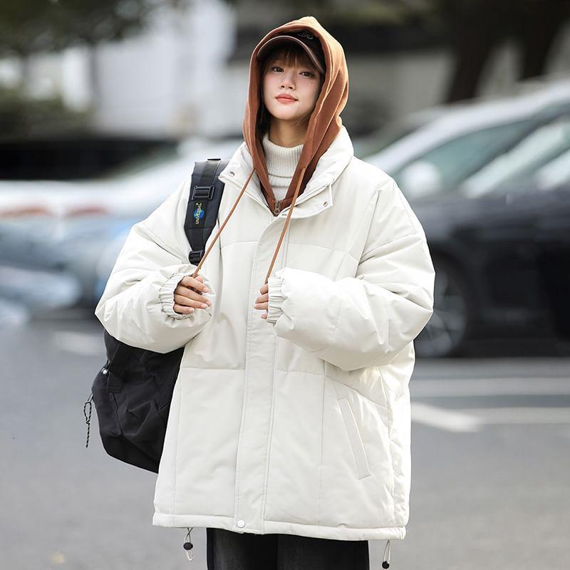 Mock Two-Piece Two-Tone Hooded Padded Zip Jacket Product Image