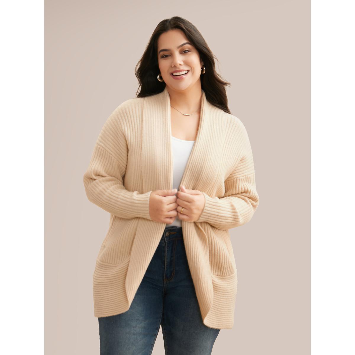 Plus Size Airy Cozy Shawl Collar Open Cardigan LightBrown Women Basics Loose Long Sleeve Everyday Cardigans BloomChic 12/L Product Image