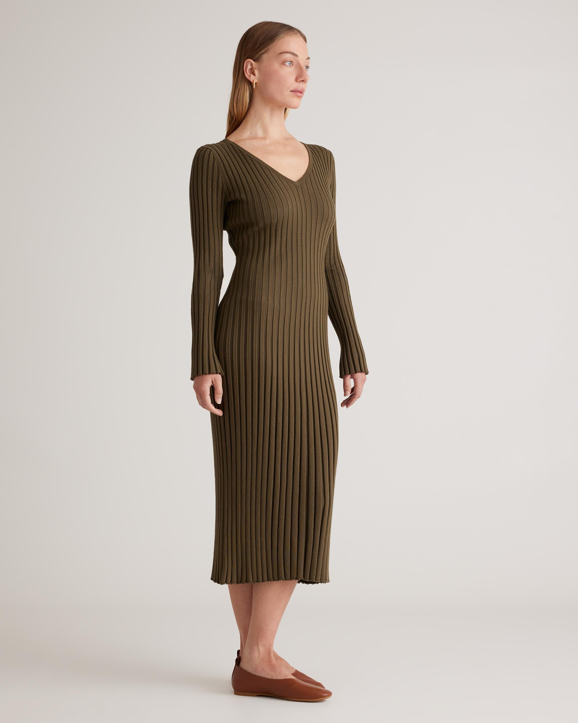Quince | Women's Cotton Cashmere Ribbed Long Sleeve V-Neck Midi Dress Product Image