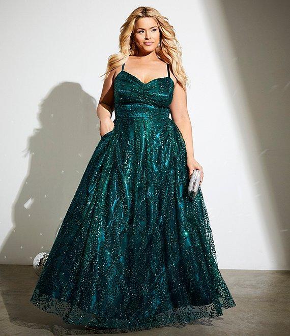 Blondie Nites Plus Size Glitter Dot Pattern Sweetheart Neck Pinch Front Spaghetti Strap Tie Back Ballgown Product Image