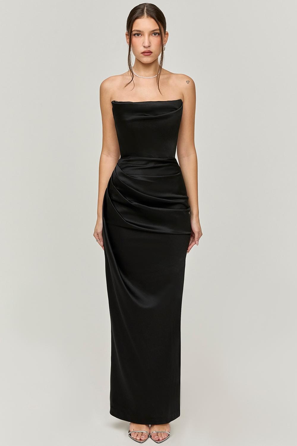 Adrienne Black Satin Strapless Corset Maxi Product Image