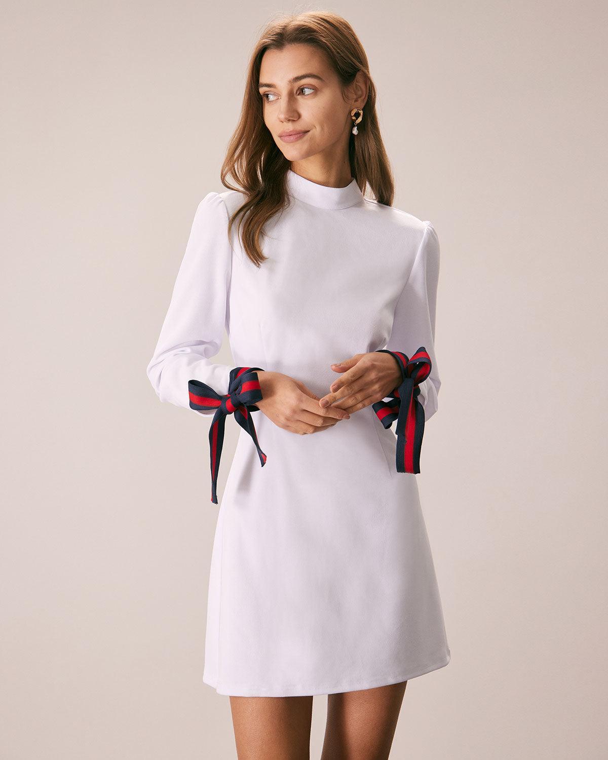The White Mock Neck Bowknot Cuff Mini Dress Product Image