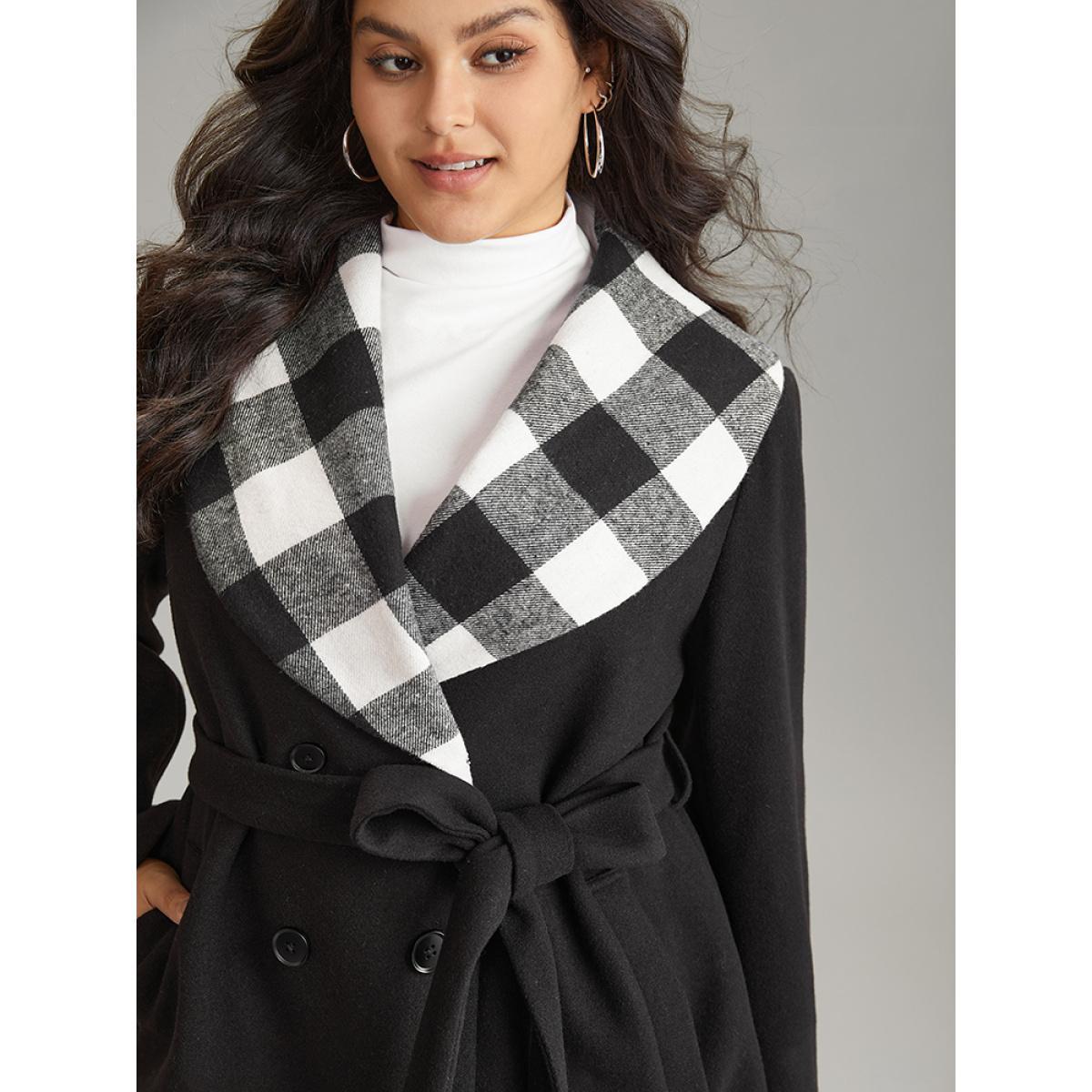 Plus Size Plaid Lapel Collar Pocket Belted Coat Women Black Casual Lined Ladies Dailywear Winter Coats BloomChic 22-24/3X Product Image