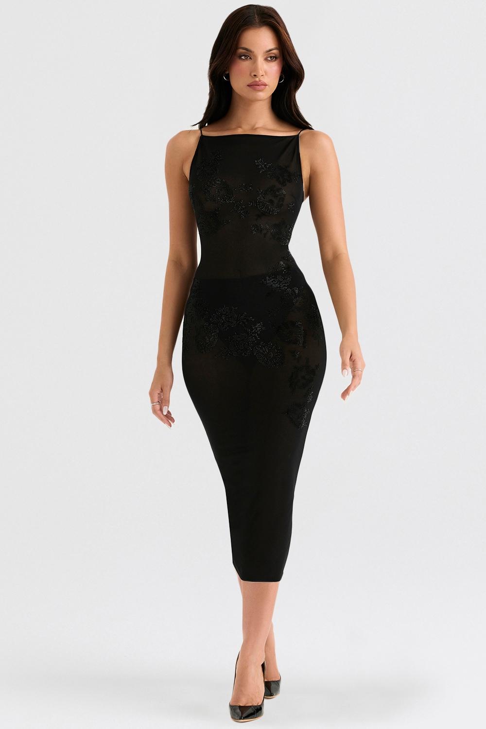 Amirah Black Mesh Crystal Embellished Midi Dress Product Image