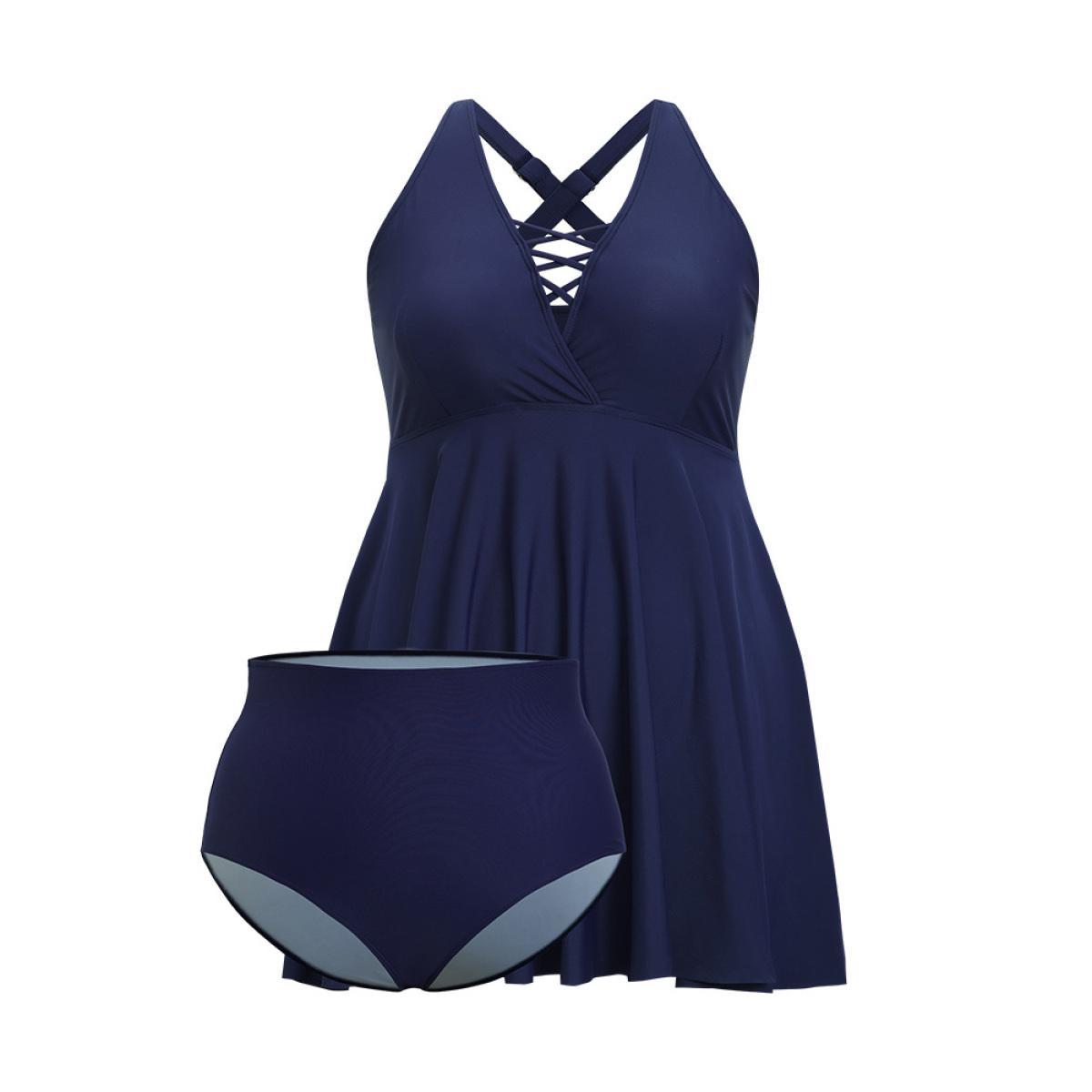 Plus Size Crisscross Neck Adjustable Straps Ruffles Hem Swim Dress Women's Swimwear Indigo Vacation Bodycon V-neck High stretch Curve Swim Dresses BloomChic 28/5X Product Image