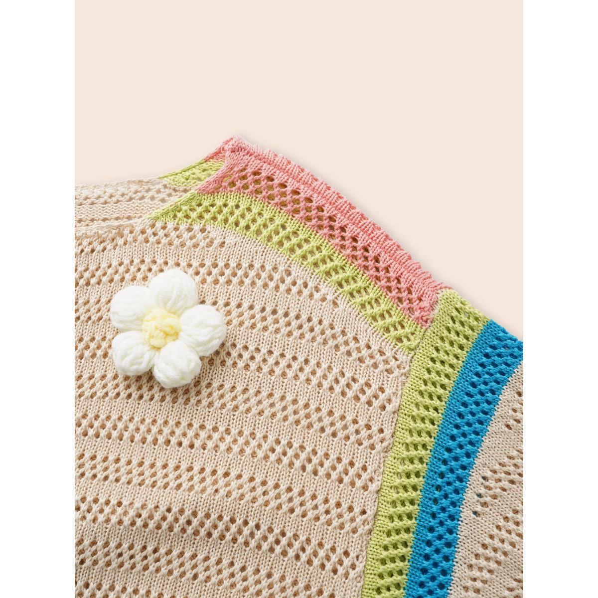 Plus Size Colored Stereo Flower Design Pullover Beige Women Casual Three Quater Length Sleeve Boat Neck Everyday Pullovers BloomChic 30/6X Product Image