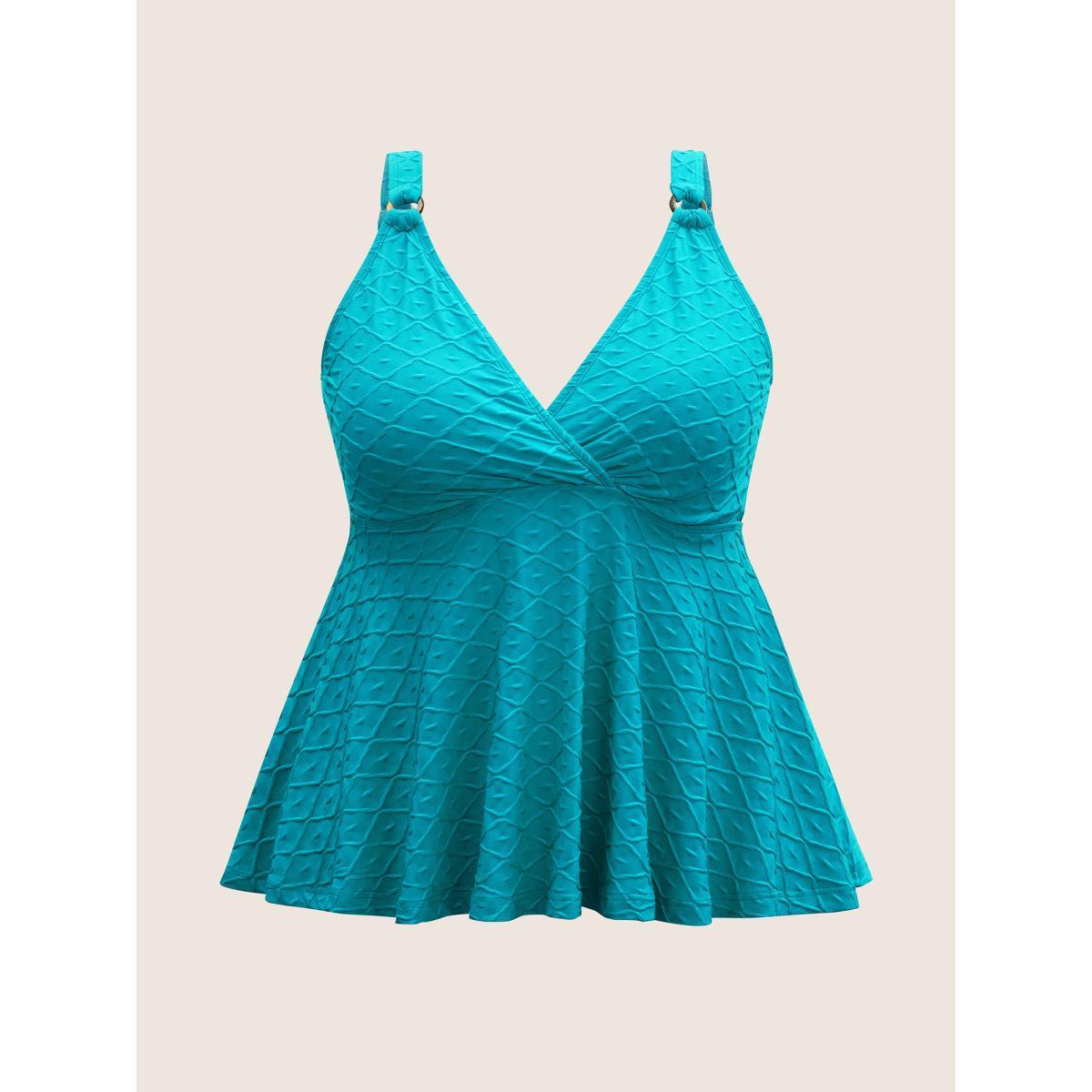 Plus Size Plain Textured Wrap Gathered Swim Top Women's Swimwear Mint Beach Non High stretch Bodycon Deep V-neck Curve Swim Tops BloomChic 28/5X Product Image