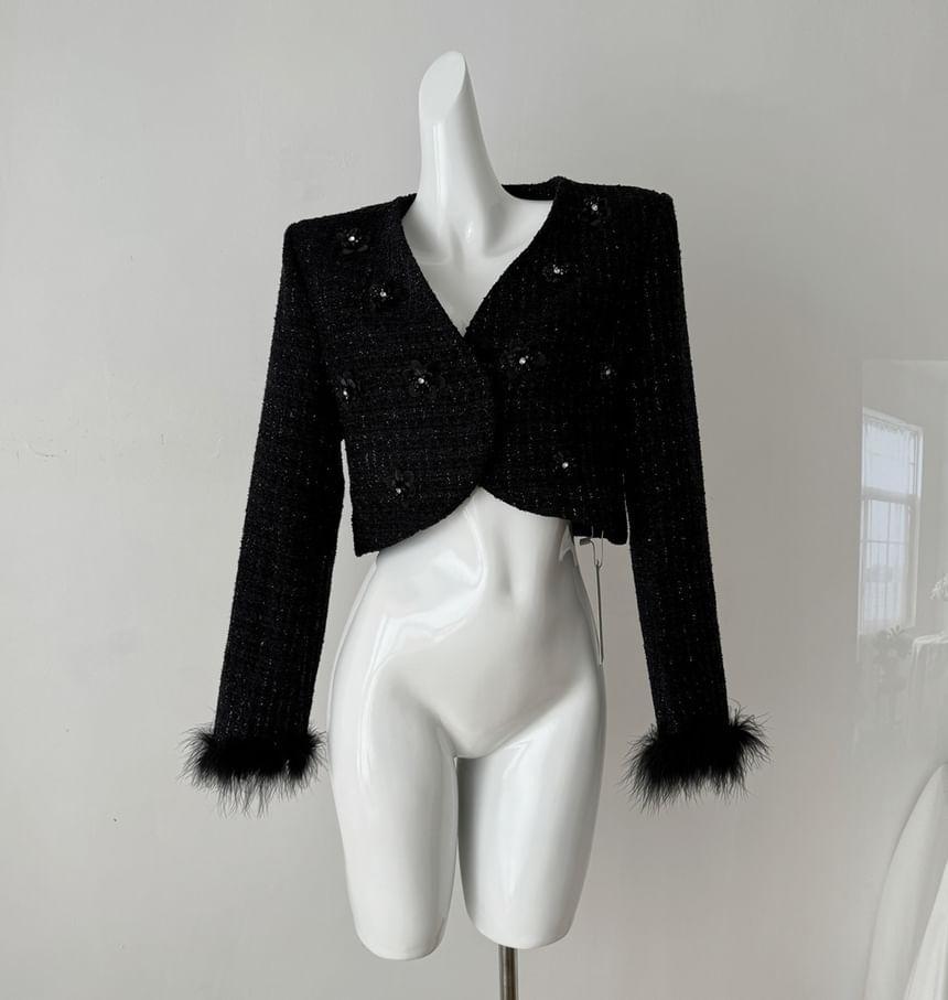 V-Neck Double Breasted Tweed Crop Jacket Product Image
