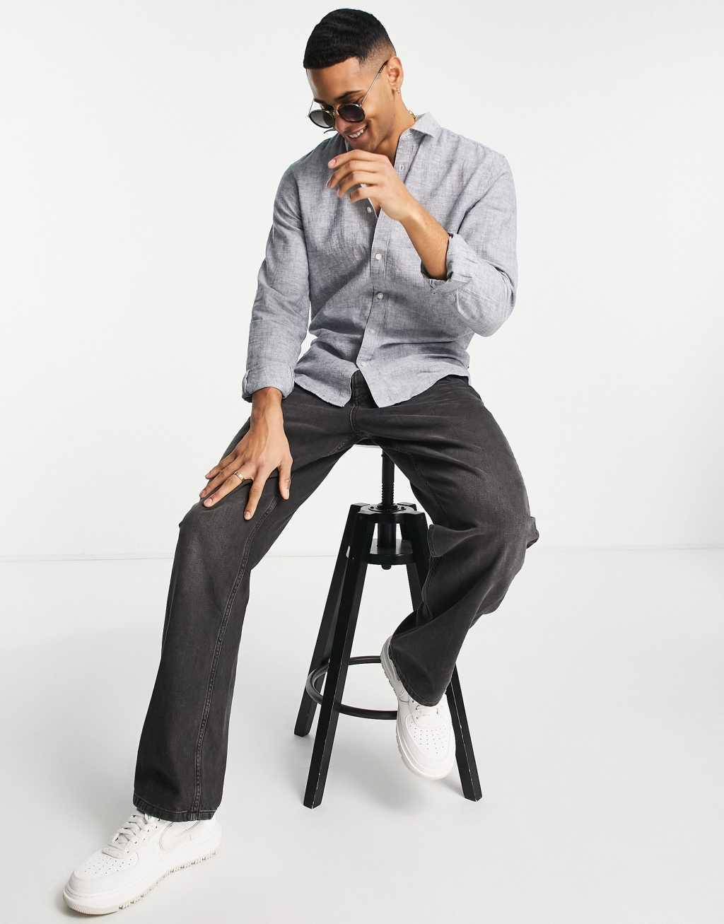 Only & Sons linen mix shirt in light blue Product Image