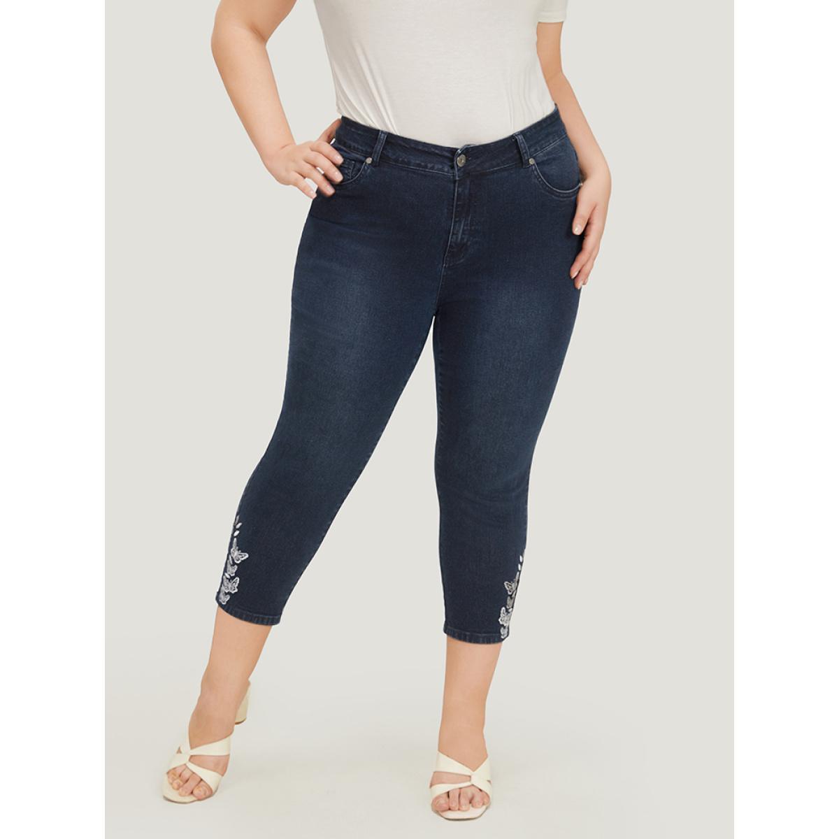 Plus Size Very Stretchy High Rise Dark Wash Butterfly Embroidered Jeans Women DarkBlue Casual Plain Embroidered High stretch Pocket Jeans BloomChic 16/1X Product Image