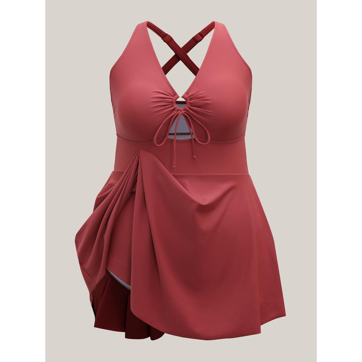 Plus Size Anti-Float Tie Keyhole Swim Dress Women's Swimwear Rust Beach Bodycon V-neck High stretch Curve Swim Dresses BloomChic 28/5X Product Image
