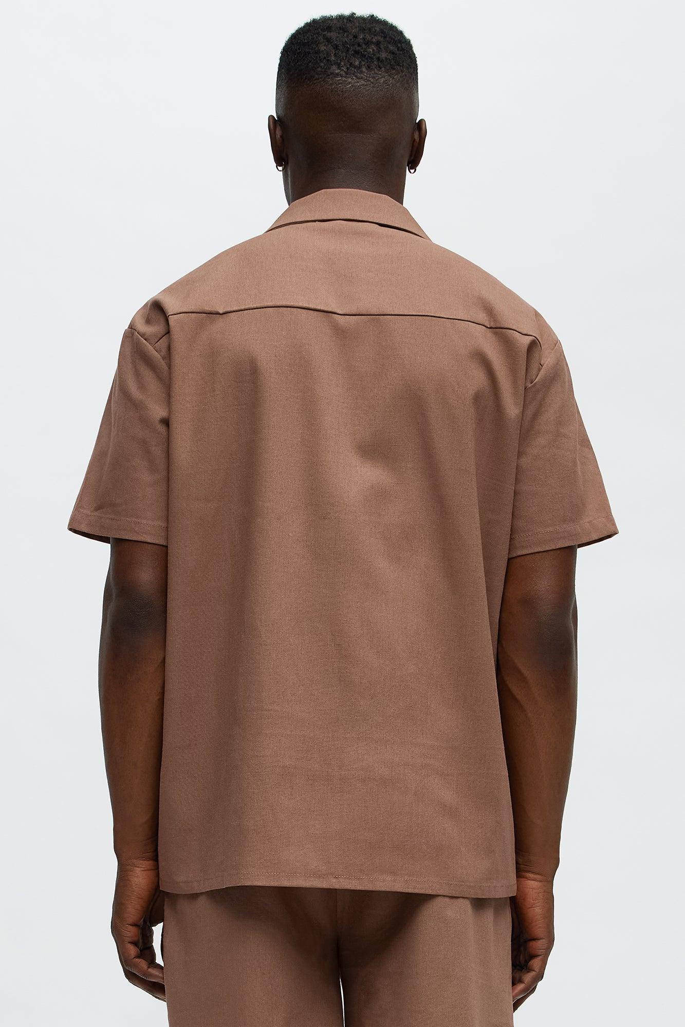 Chai Linen Like Cuban Collar Button Up Shirt - Brown Product Image