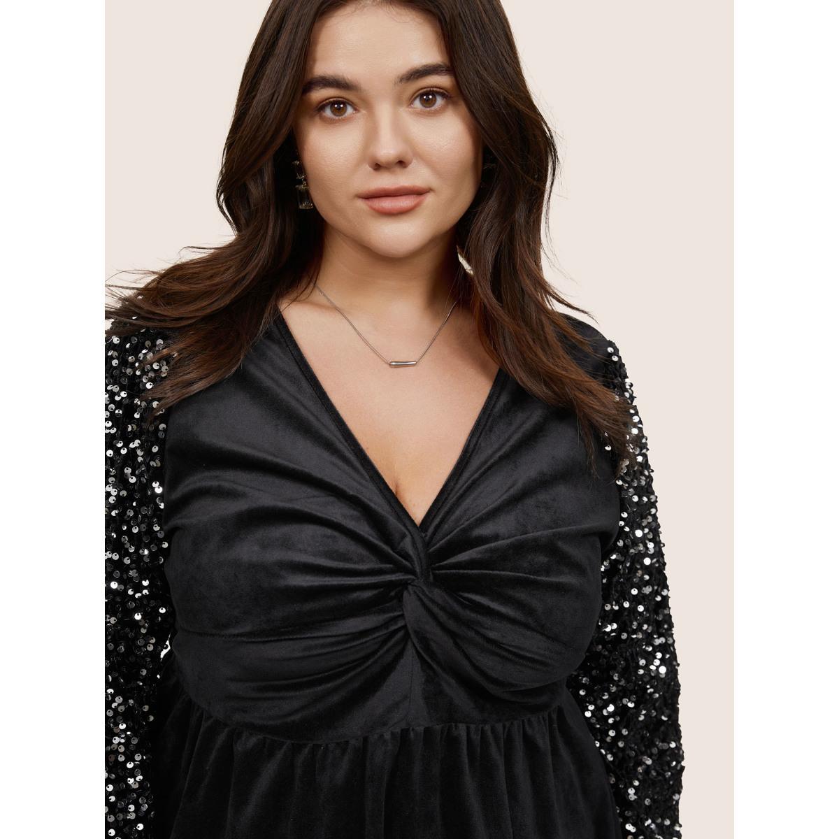 Plus Size Black Patchwork Velvet Twist Front Elastic Waist Sequin Blouse Women Glamour Long Sleeve V-neck Party Blouses BloomChic 12/L Product Image