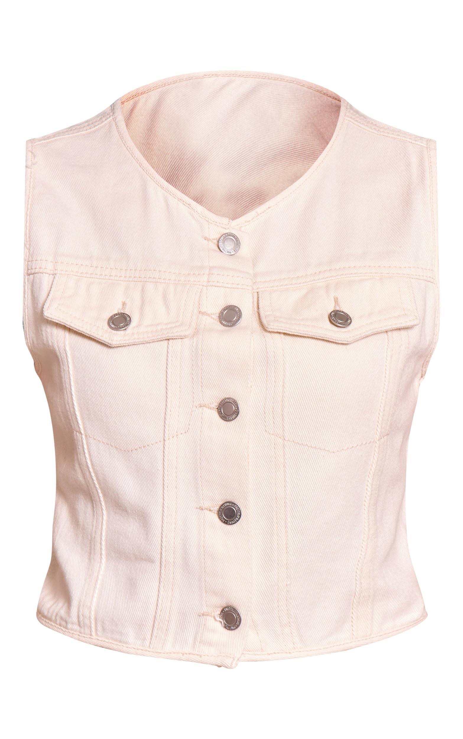 Butter Yellow Round Neck Button Detail Sleeveless Denim Crop Top Product Image