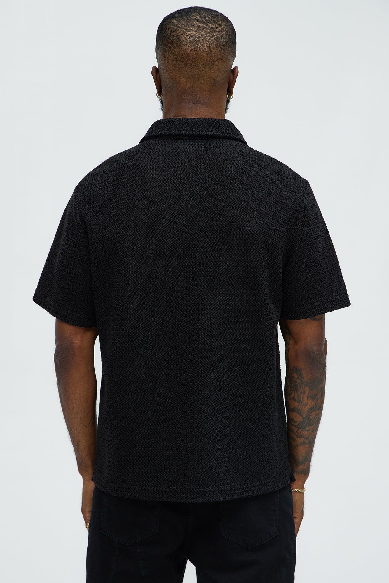 Raffia Texture Knit Johnny Collar Shirt - Black Product Image