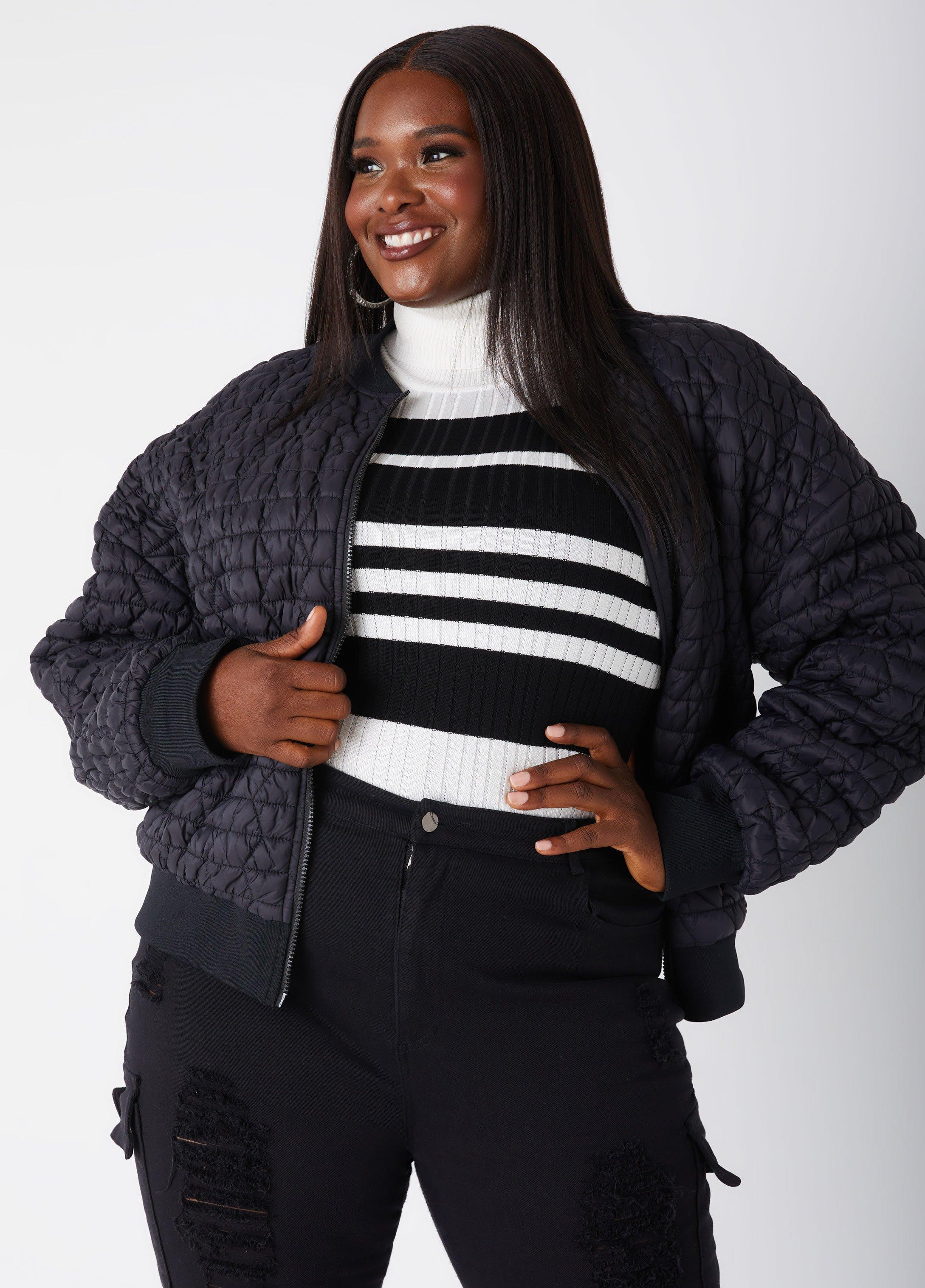 Plus Size Ribbed Trim Quilted Bomber Jacket Ashley Stewart Product Image
