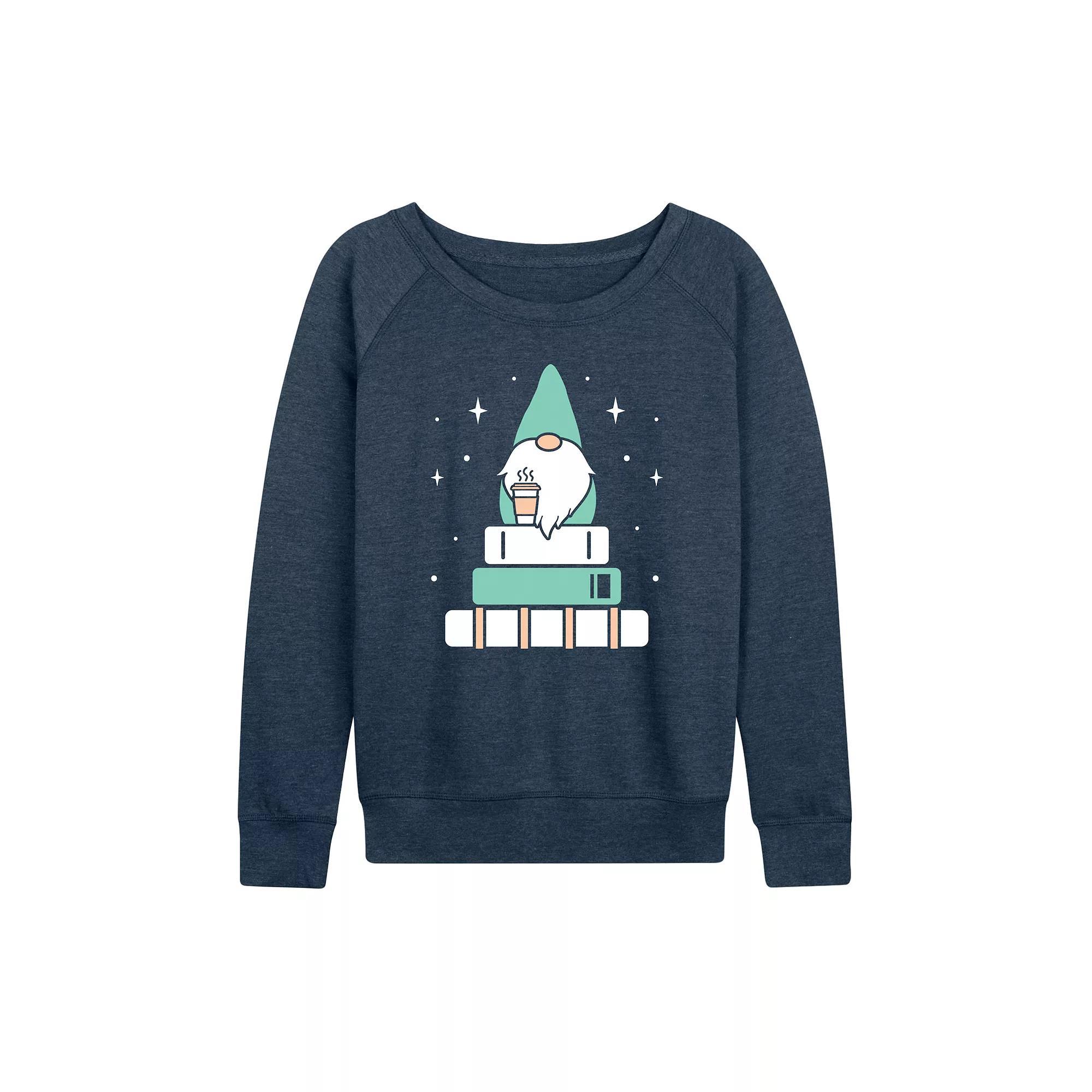 Womens Gnome with Coffee and Books French Terry Long Sleeve Tee Grey Indigo Product Image