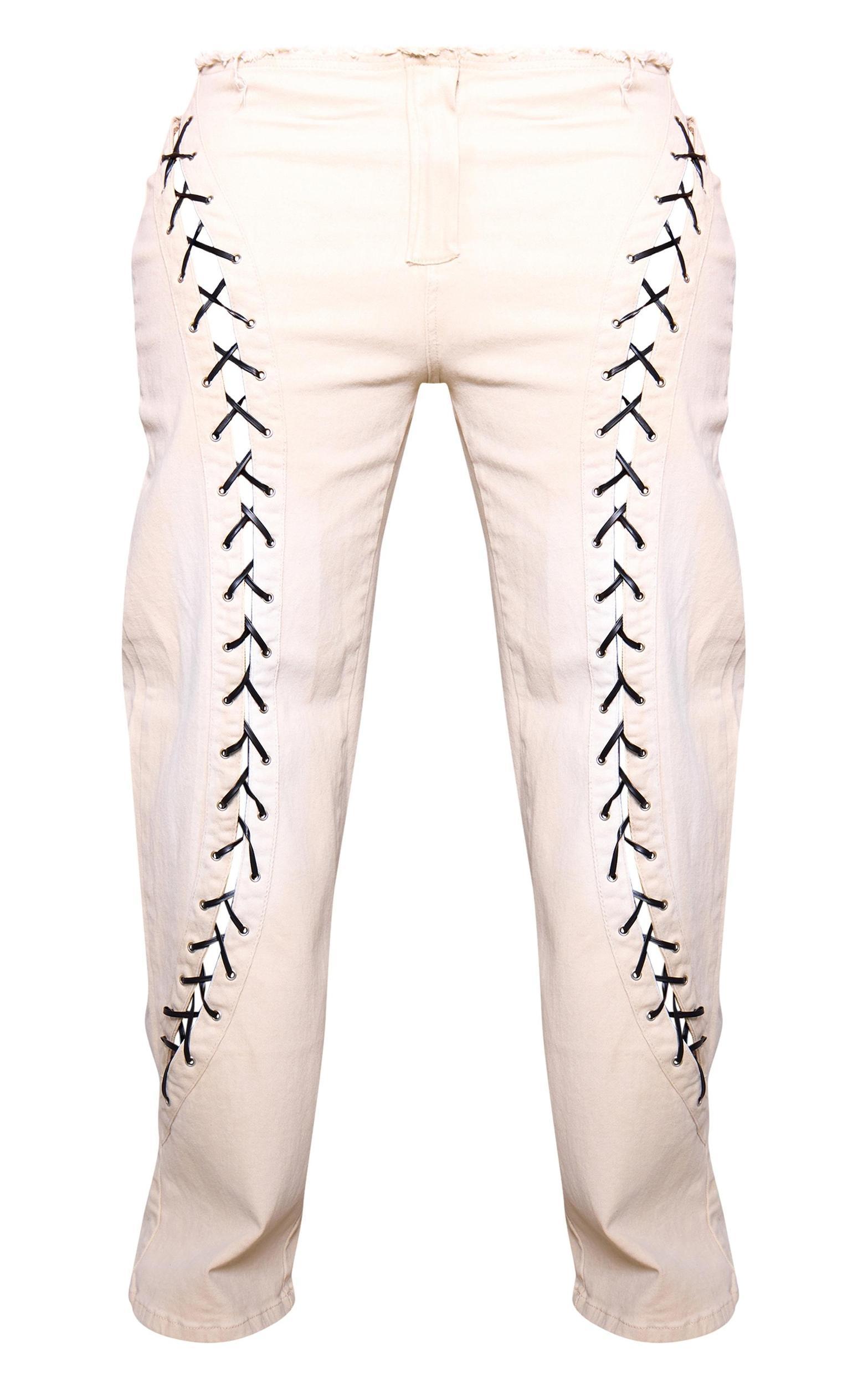 Shape Stone Denim Lace Up Front Raw Waist Wide Leg Jeans Product Image