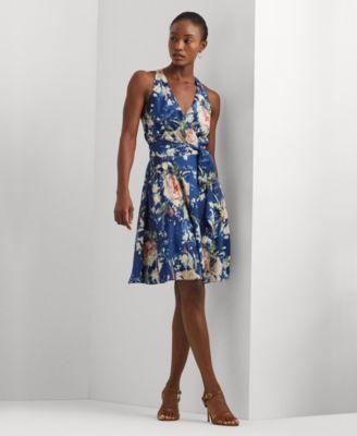 Lauren Ralph Lauren Floral Belted Crepe Sleeveless Dress Multi) Women's Dress Product Image
